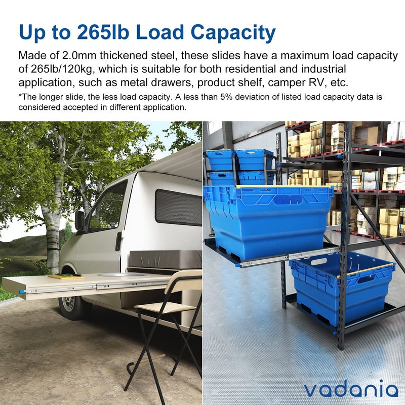VADANIA 18" Heavy Duty Drawer Slide with Lock #VD2053, 2" Width Up to 264lb Load Capacity, 3-Fold Full Extension, Ball Bearing Lock-in & Lock-Out, Side Mount, 1-Pair - Image 2